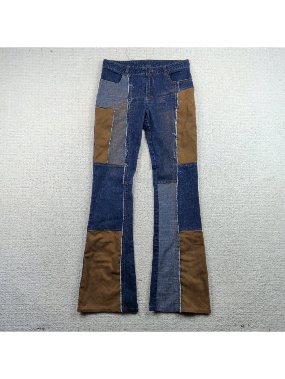 Y2K Low Rise Flare Jeans Patchwork Wide Leg Bootcut Denim Pants Grunge Alt Sz 38